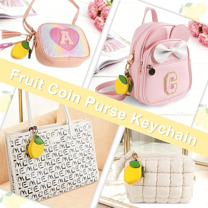 XSUIOY Orange Fruit Coin Purse Keychain Bag Charm, Mini Leather Coin Purse & Pouch Airtag Holder Keychain, Kawaii Bag Charms for Handbag, Tote, Keys, Airtag, Gifts for Girls & Women