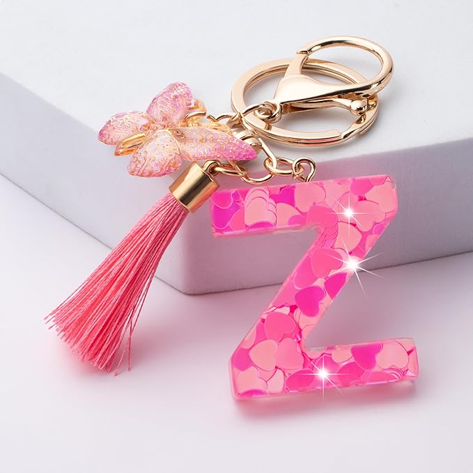 Suweibuke Colourful Cute Initial Letter Keychains for Women Girls with Tassel Butterfly, Charm for Purse Handbags Backpacks