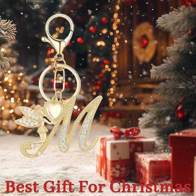 Gold Plated Alphabet Initial Letter Keyring Keychain for Women Girls Crystal Key Chains for Wallet Backpack Bag Charm