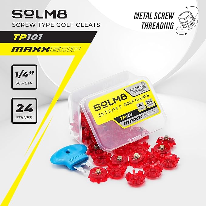 SOLM8 Golf Shoe Replacement Spikes - Metal Screw Threading Dia ¼ Inch/6mm Easy to Install on Cricket & Golf Cleats (Spanner Included)