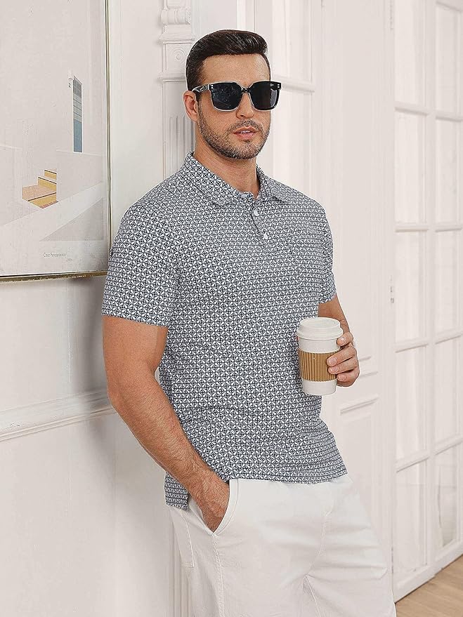 Lexiart Mens Golf Shirt Short Sleeve Dry Fit Print Moisture Wicking Performance Patterns Collared Polo Shirt with Pocket