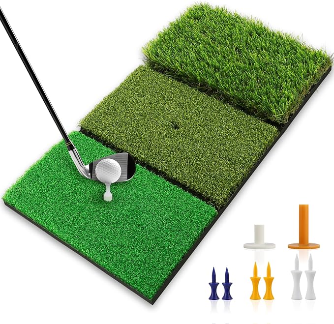 Golf Practice Mat Golf Hitting Mat for Swing, Putting & Chipping | Portable Golf Training Mat Indoor/Outdoor, Dual-Turf/Tri-Turf Golf Mat with 8 Tees