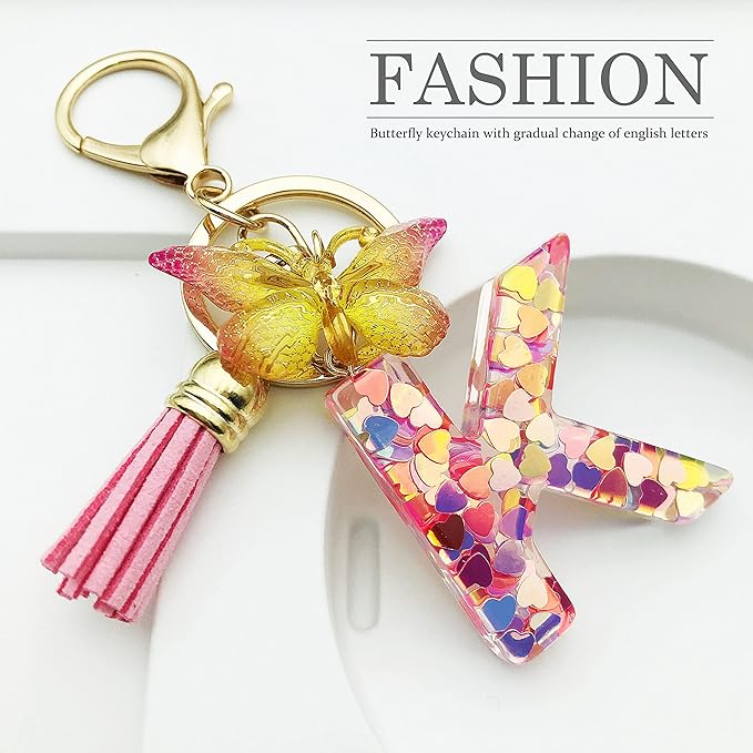 JINGUAZI Initial letter Keychains for Women Tassel Butterfly Pink Purple Cute Car Keychain for Wallet Backpack bag charm