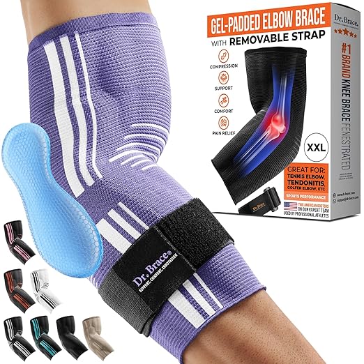 DR. BRACE® Elite Elbow Brace Support, Breathable Elbow Compression Sleeve with Gel Pad for Golfer's, Tennis Elbow & Tendonitis Treatment & Pain Relief 2024 (Purple-White, XX-Large)
