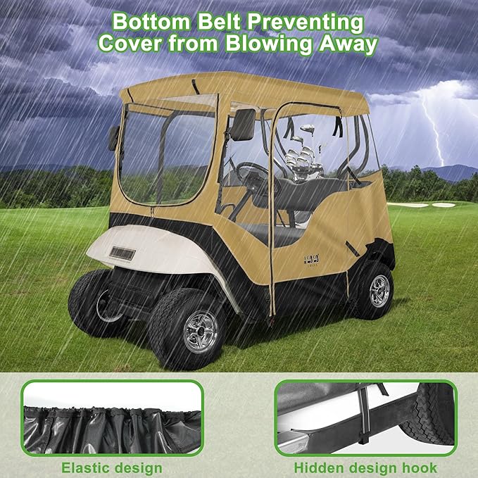 10L0L Golf Cart Enclosure for EZGO TXT 2 Passenger, 4-Sided Clear Window Rain Cover All Weather Waterproof Windproof, Khaki