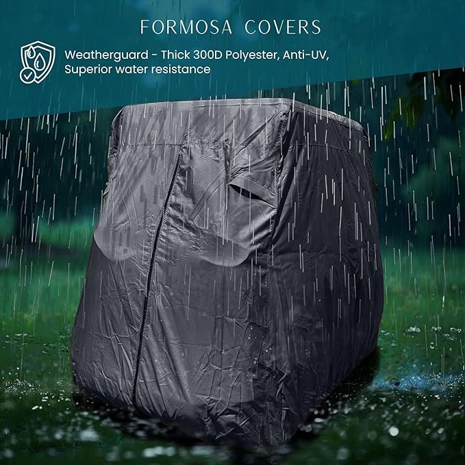 Formosa Covers Deluxe Golf Cart Cover 4 Passenger Extended Roof Premium Golf Cart Accessories All Weather fits 80" Roof 112" L Body EZGO, Club Car, Evolution, Yamaha G, GEM e2 - Grey