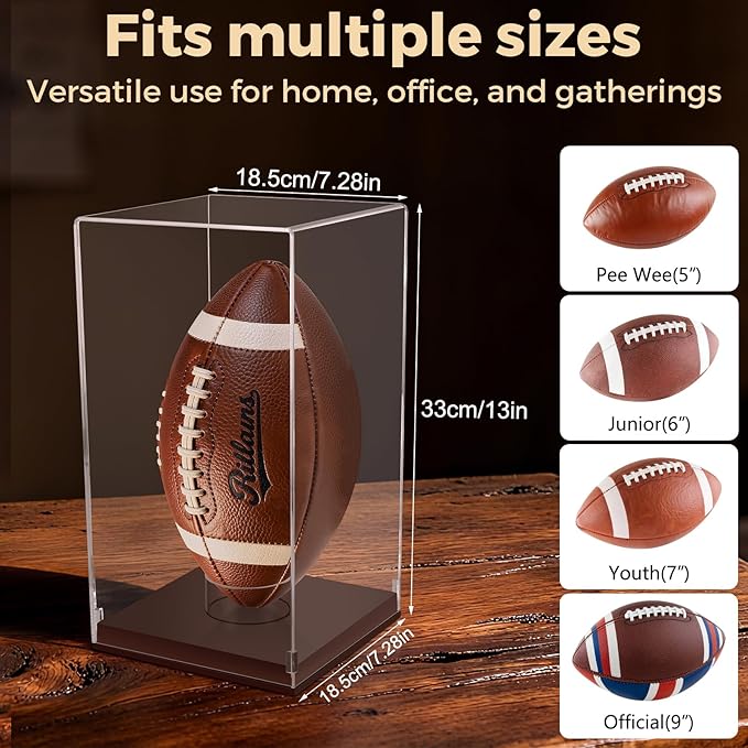 Football Display Case with Wooden Base, UV Protection Clear Acrylic Souvenir Display Box for Autographed Football, Memorabilia, Sports Colle