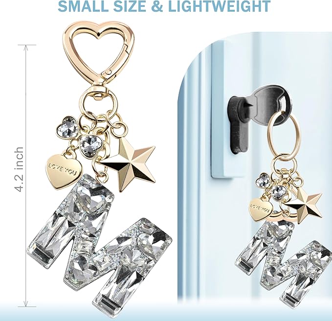 Cute Bling Keychain initial Letter Butterfly Star Pink Purple Gift for Women Girls Bag Cup Charms Accessories