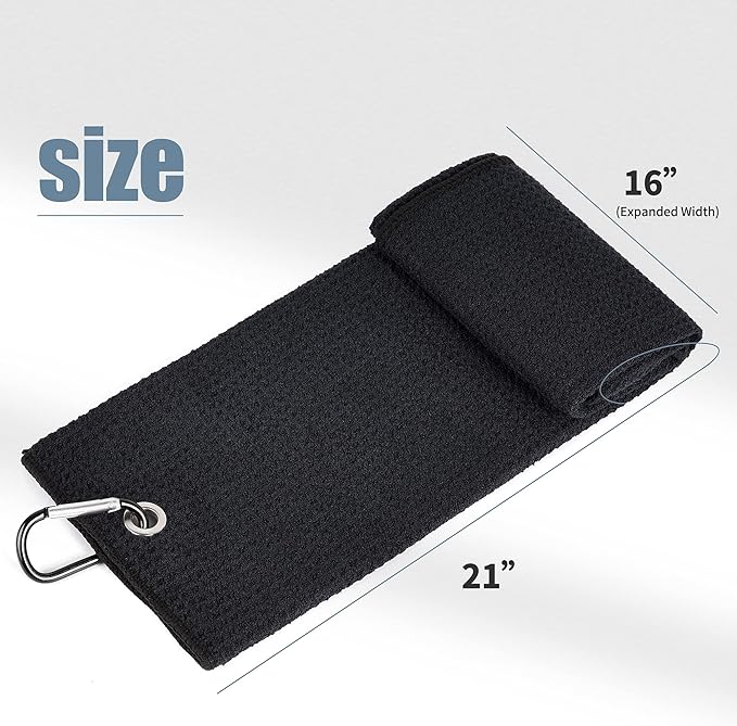 Mile High Life Tri-fold Golf Towel | 16" X 24" | Premium Microfiber Fabric | Waffle Pattern | with Heavy Duty Carabiner Clip | for Men and Women (Black)