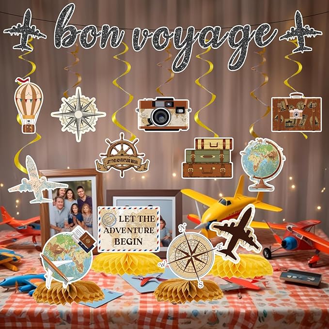 Bon Voyage Party Decorations - 13PCS Travel Themed Party Decorations Glitter Bon Voyage Banner Hanging Swirls Let the Adventure Begin Honeycomb Centerpieces Decor Going Away Party Supplies