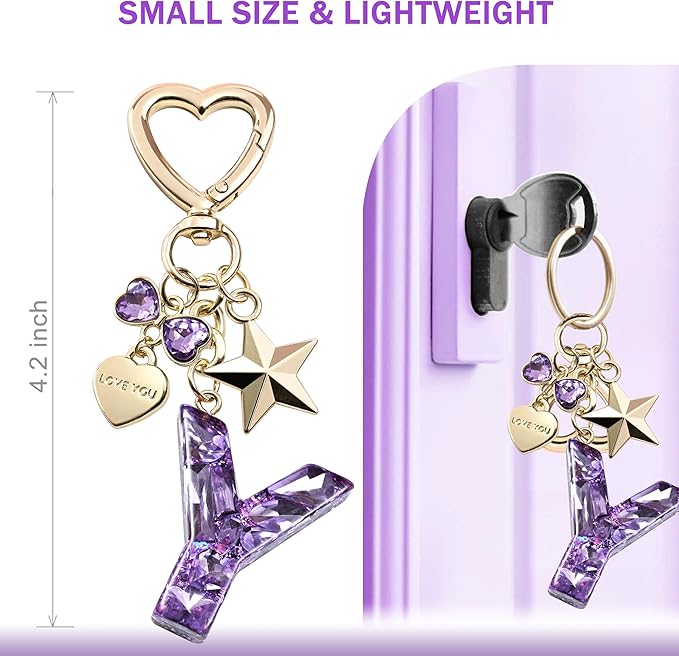 Cute Bling Keychain initial Letter Butterfly Star Pink Purple Gift for Women Girls Bag Cup Charms Accessories