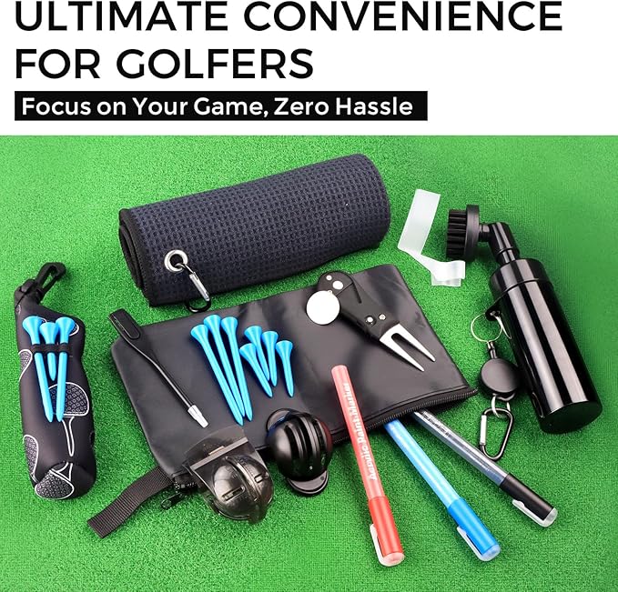 21 Pcs Golf Essentials Kit, Golf Club Cleaning Kit - Golf Club Brush & Golf Towel, Golf Ball Bag & Tees Holder & 2 Sizes Tees, Divot Repair Tool & Ball Marker, Must Haves Golf Accessories
