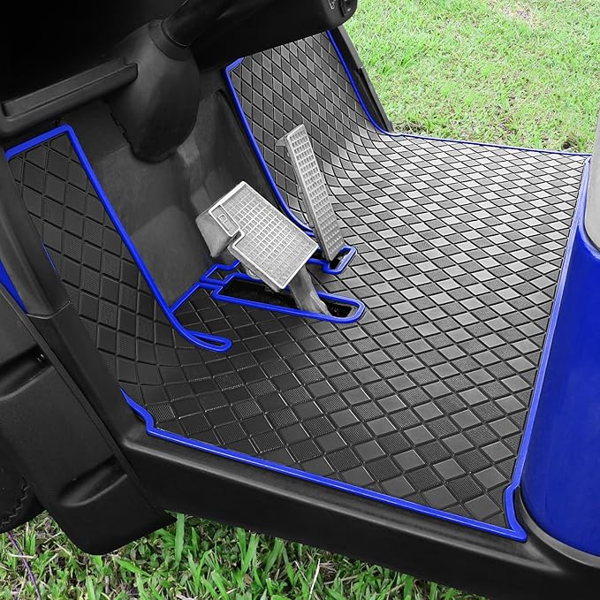 Golf Cart Floor Liner Mat 8mm Thick Rubber Full Coverage Only Fit for 2007-2016 Yamaha Drive (Gen1), G29, YDR, Adventurer Carts Diamond Deluxe Non-Slip Front Feet Mat Replacement - Blue Trim