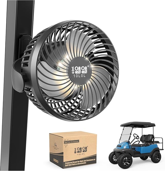 10L0L Golf Cart Fan with Magnetic Mount & 56Hrs Runtime - 8000mAh Battery, 3-Speed Cooling, Built-in LED Light, Power Bank Function - Stable ABS Design for All Golf Carts