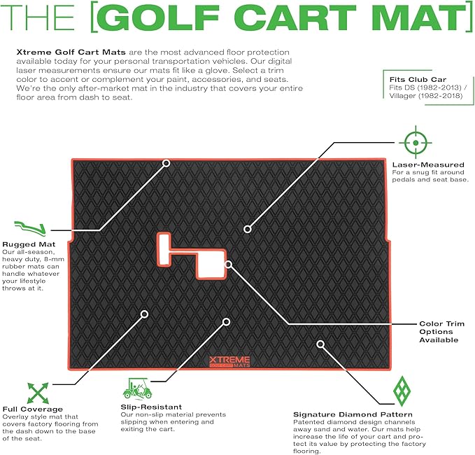 Xtreme Mats Club Car Compatible Golf Cart Mat, Full Coverage Rubber Floor Liner - Fits Club Car DS (1982-2013) and Villager (1982-2018) - Black with Red Trim