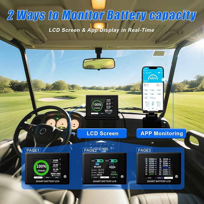 48V 100Ah Lithium Golf Cart Battery, Lifepo4 Battery with 58.4V 18A Charger and LCD Touch Monitor, Built-in Smart 200A BMS, Peak Current 1000A，Perfect for Golf Carts (48V100Ah with Charger)