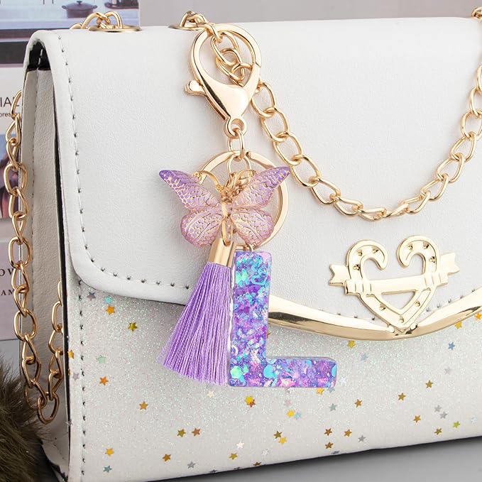 Suweibuke Colourful Cute Initial Letter Keychains for Women Girls with Tassel Butterfly, Charm for Purse Handbags Backpacks