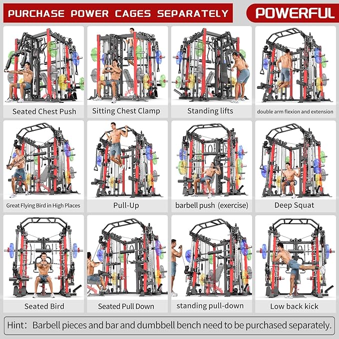 Smith Machine，Multi-Function Squat Rack Power Cage with Cable Crossover System,with Optional Weight Bench, Olympic Barbell Weight Set, for Home Gym