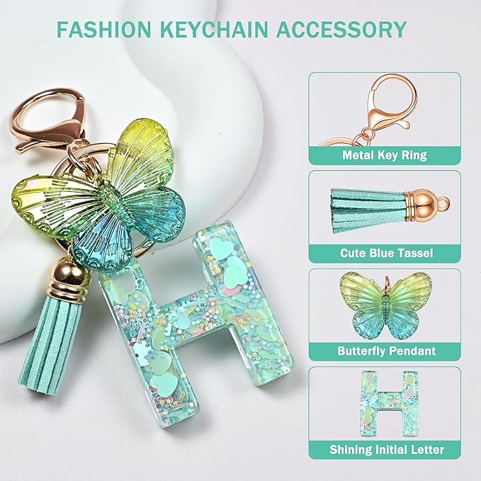 JINGUAZI Initial letter Keychains for Women Tassel Butterfly Pink Purple Cute Car Keychain for Wallet Backpack bag charm