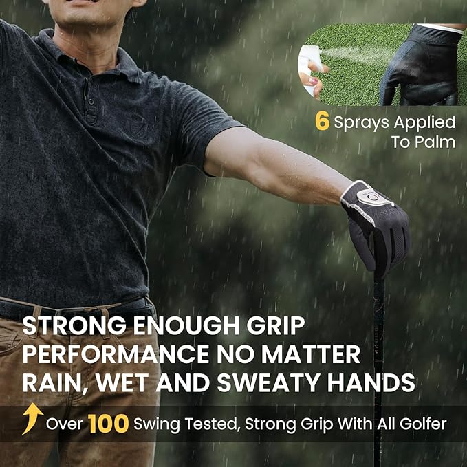FINGER TEN Premium Rain Grip Men's Golf Gloves 1 Pair, Hot Wet Weather No Sweat Glove for Serious Feel & Performance, Left Right Hand Black Gray White Blue Fit Size S M L XL 2XL 3XL