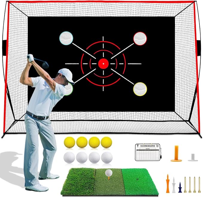 Golf Net, 10x7FT with Golf Practice Mat, Hitting Aid Net with Multi Targets Training for Backyard Driving Chipping Indoor Outdoor Use, 5-Ply Anti-Tear Netting & Carry Bag, Gifts for Men Dad Him Golfer