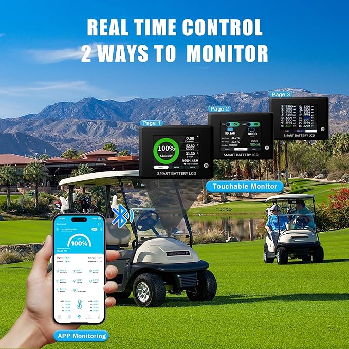 48V 160Ah Lithium Golf Cart Battery,48V Golf Cart Batteries with 22A Charger,Built-in 200A BMS,Metal Casing,Supports Mobile APP,Touch Monitor,6000+ Cycles,Peak Current 600A,Max 10.24kW Output Power