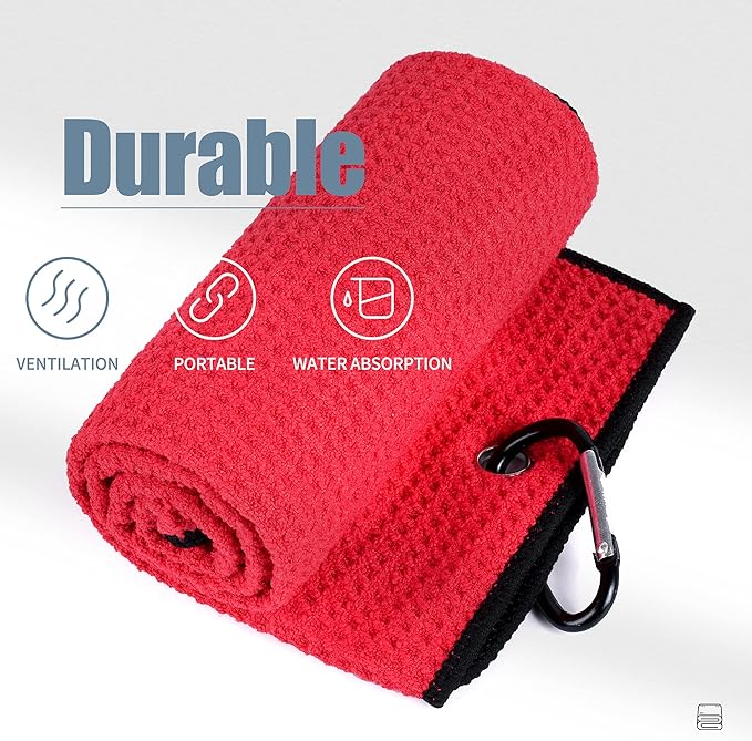 Mile High Life Tri-fold Golf Towel | 16" X 24" | Premium Microfiber Fabric | Waffle Pattern | with Heavy Duty Carabiner Clip | for Men and Women (Red)