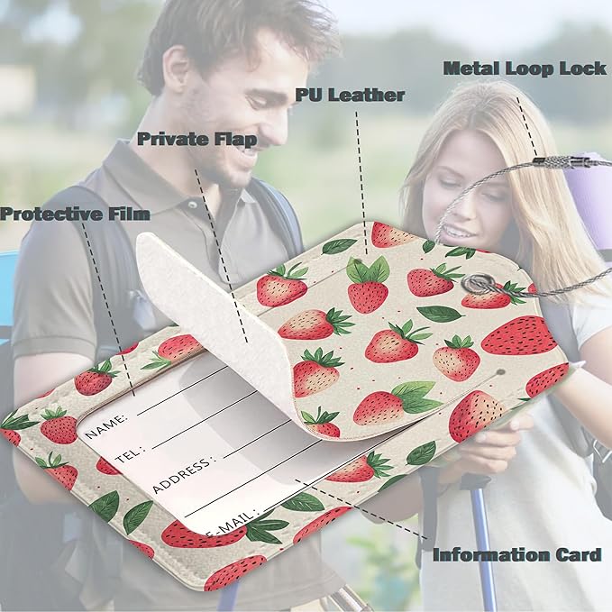 Luggage Tags for Suitcases Durable Leather Luggage Tags Cute Travel Name Tags for Cruise Ships Travel Essentials 3 Pack (Strawberry)