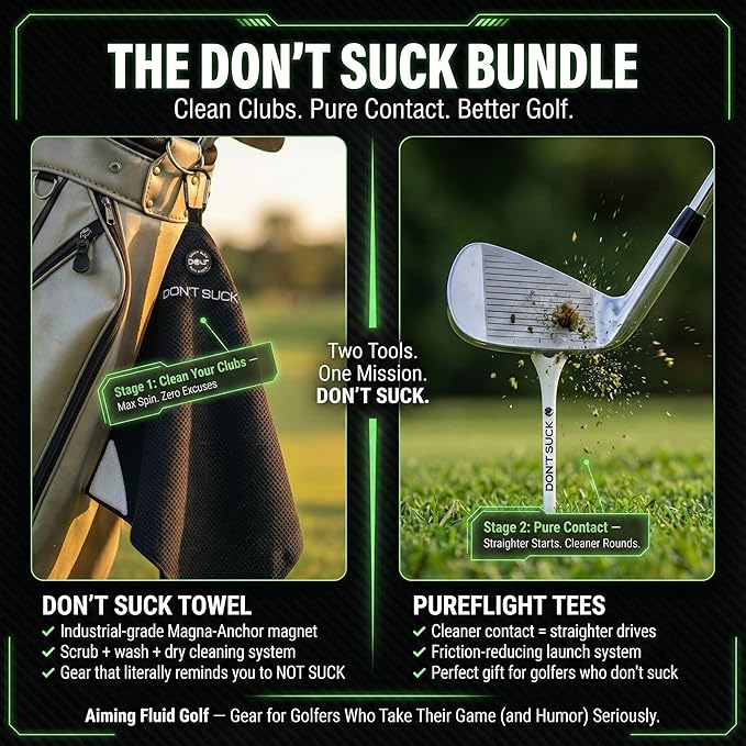 Don't Suck Collection - with Durable 4-Prong Golf Tee PureFlight Tech for Straighter and Longer Drives and Limited Edition Microfiber Magnetic Golfing Towel (16"x24")