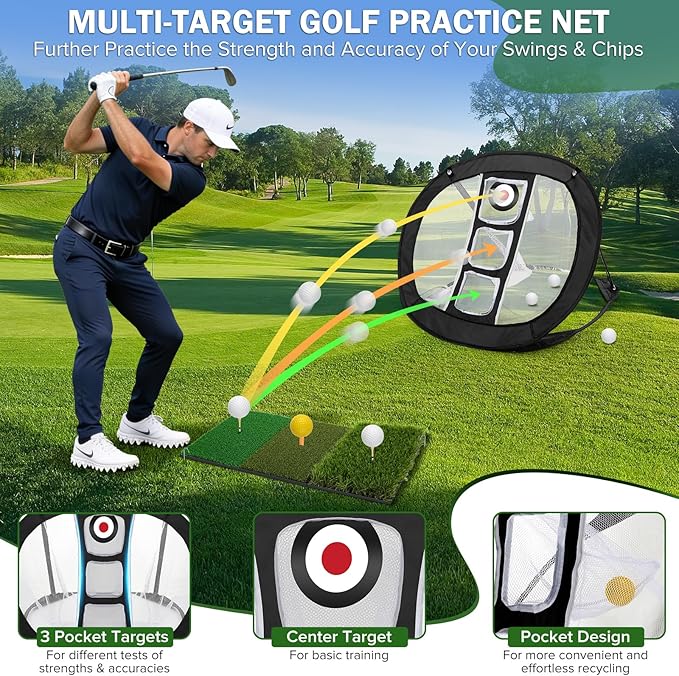 Golf Chipping Net with Tri-Turf Hitting Mat Set - Foldable Practice Target, 12 Foam Balls & 6 Tees in Carry Bag - Indoor Outdoor Backyard Golf Precision Training Aid & Gift for Beginners