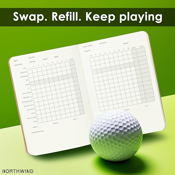 Northwind Personalized Golf Log Book – Handcrafted Full-Grain Leather Golf Score Notebook, Refillable Journal, Made in USA, Custom Engraved Gift for Men & Women Golfers