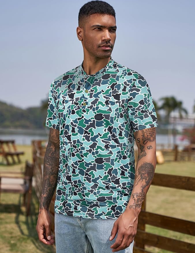 TAPULCO Mens Collarless Golf Shirts Short Sleeve Dry Fit Stretch Casual Breathable Lightweight Tshirts