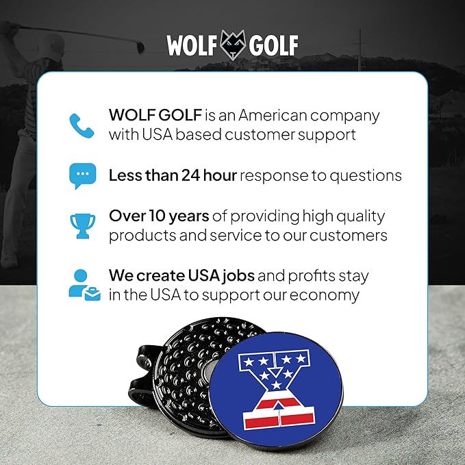 Wolf Golf Towels Golf Ball Marker Hat Clip | USA Monogram | 1 Magnetic Clip + 3 Ball Markers | Patriotic Golf Accessories for Men & Women
