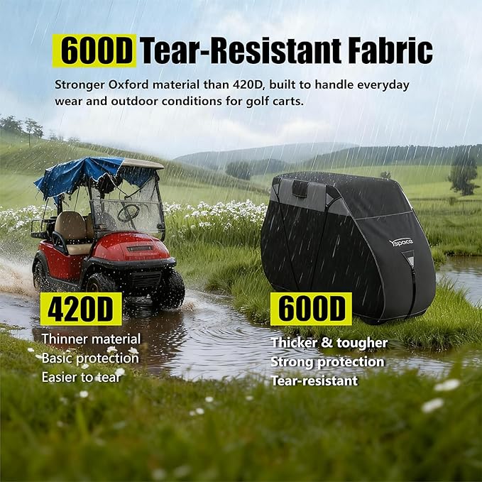 YSPACE Heavy Duty 600D Golf Cart Cover for 2+2 Passengers, Fits EZGO, Club Car, Yamaha, Waterproof, Reflective Strips, Triple Windproof Buckles