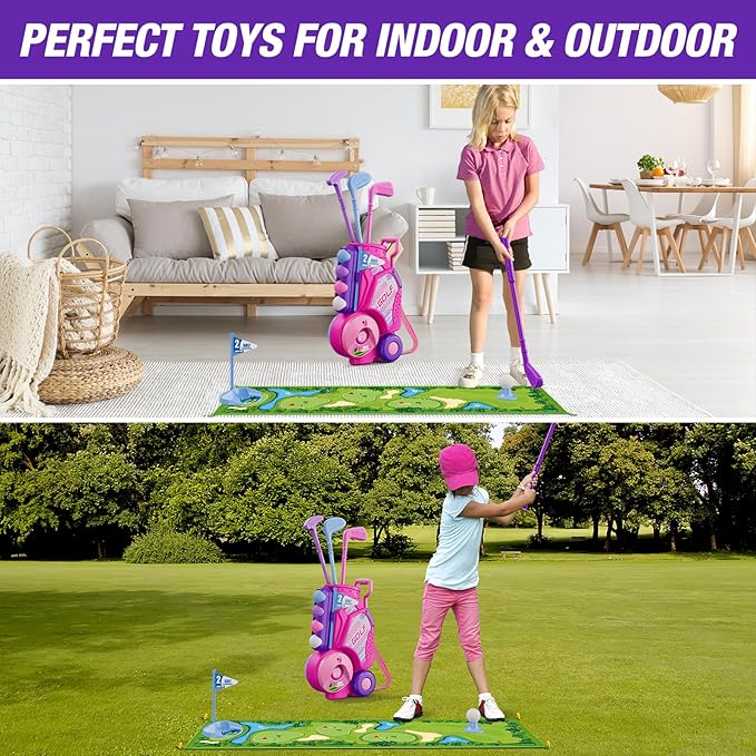 Toddler Golf Set 2-4 Years, Kids Golf Club with 8 Balls, 4 Plastic Clubs, Putting Mat, Scoreboard, Storage Bag, Indoor Outdoor Game with Golf Cart Sport Toy Gift for Baby Boys Girls Age 3-5, Pink