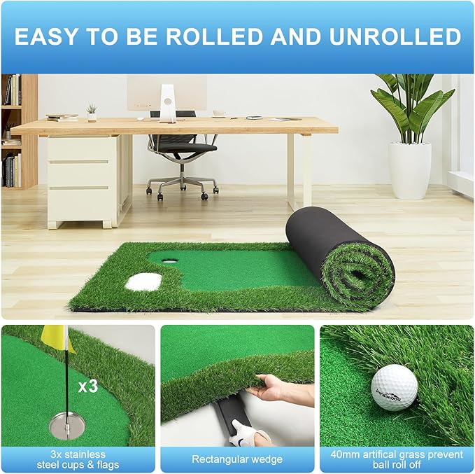Golf Putting Green Indoor 3.3x10 Ft Large Golf Putting Mat Professional Artificial Grass Turf Practice Mat with Sand Pit for Home, Office & Outdoor