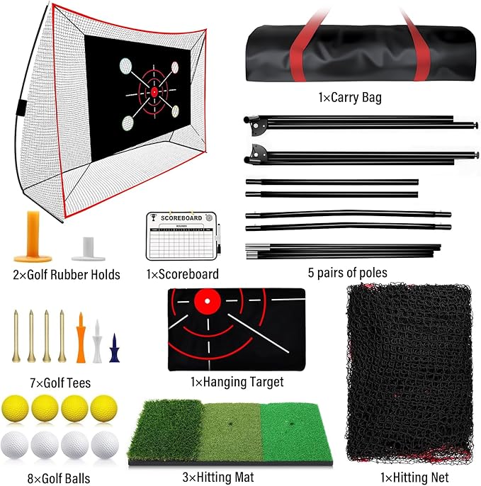 Golf Net, 10x7FT with Golf Practice Mat, Hitting Aid Net with Multi Targets Training for Backyard Driving Chipping Indoor Outdoor Use, 5-Ply Anti-Tear Netting & Carry Bag, Gifts for Men Dad Him Golfer