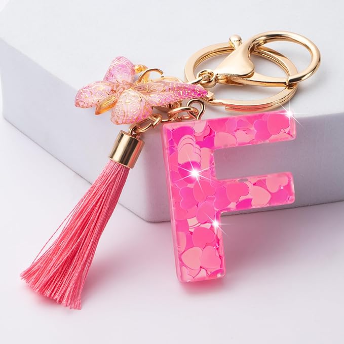 Suweibuke Colourful Cute Initial Letter Keychains for Women Girls with Tassel Butterfly, Charm for Purse Handbags Backpacks