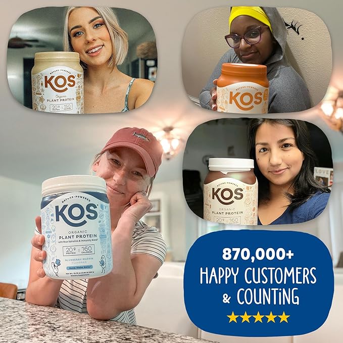 KOS Plant Based Protein Powder, Blueberry Muffin - Organic Pea Protein Superfood with Spirulina and Immune Support Blend. Soy, Gluten, Dairy Free - Vegan Meal Replacement for Women & Men - 10 Servings