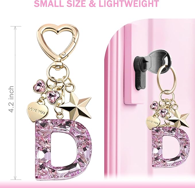 Cute Bling Keychain initial Letter Butterfly Star Pink Purple Gift for Women Girls Bag Cup Charms Accessories