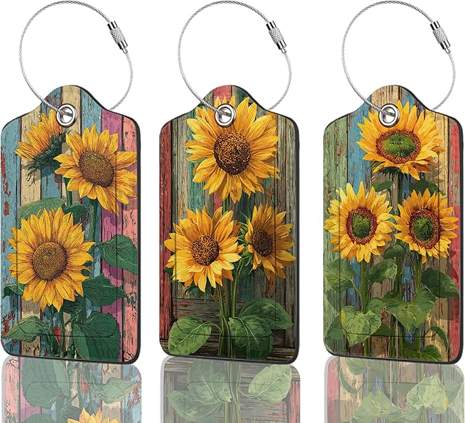 Set of 3 Luggage Tags, Sunflowers Leather Suitcases Tag Identifiers with Privacy Name Address Labels & Durable Steel Loop for Women Men Travel