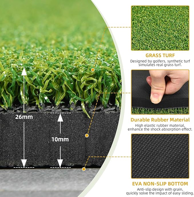 5x4ft Golf Hitting Mat, Thickened 21mm/31mm/36mm Artificial Turf Golf Practice Mats for Indoor Outdoor Backyard Driving Swing Training with 9 PU Balls, 3 Rubber Tees, 7 Tees