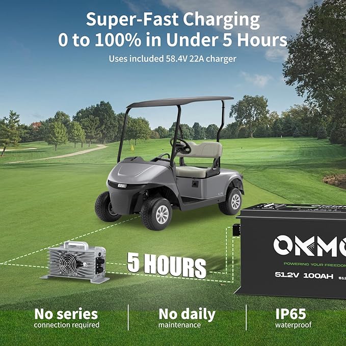 OKMO 48V 100Ah Lithium Golf Cart Battery Built-in Smart 250A BMS with 58.4V 22A Battery Charger APP Supported 4000+ Cycles