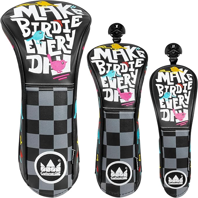Craftsman Golf Make Birdie Everyday Black and Gray Checkers Golf Club Headcover for Woods and Driver Hybrids Irons Protector Putter Covers