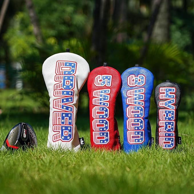 Craftsman Golf Headcover Set for Driver 3 5 Fairway Wood Hybrid Golf Club Head Cover, USA Flag Old Glory Design Golf Club Covers,Interchangeable Number Tag Offered