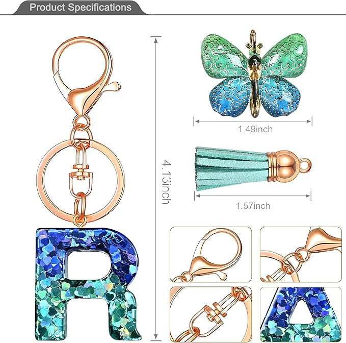 JINGUAZI Initial letter Keychains for Women Tassel Butterfly Pink Purple Cute Car Keychain for Wallet Backpack bag charm