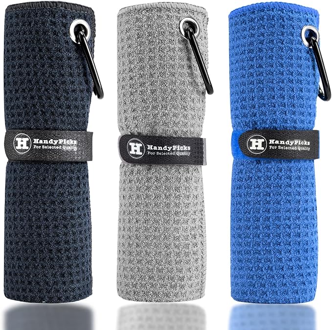 Handy Picks Microfiber Golf Towel (16" X 16") with Carabiner Clip, Waffle Pattern Golf Towel Hook and Loop Fastener - The Convenient Golf Cleaning Towel