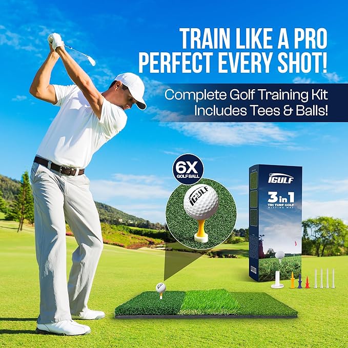 2ft x 2ft Tri-Turf 3 in 1 Golf Hitting Mat Indoor Outdoor Practice & Training Aid with Real Turf Feel, Non-Slip Rubber Base, EVA Cushion, Real Tee Support, Foam Balls & Tees Included for Driving Range