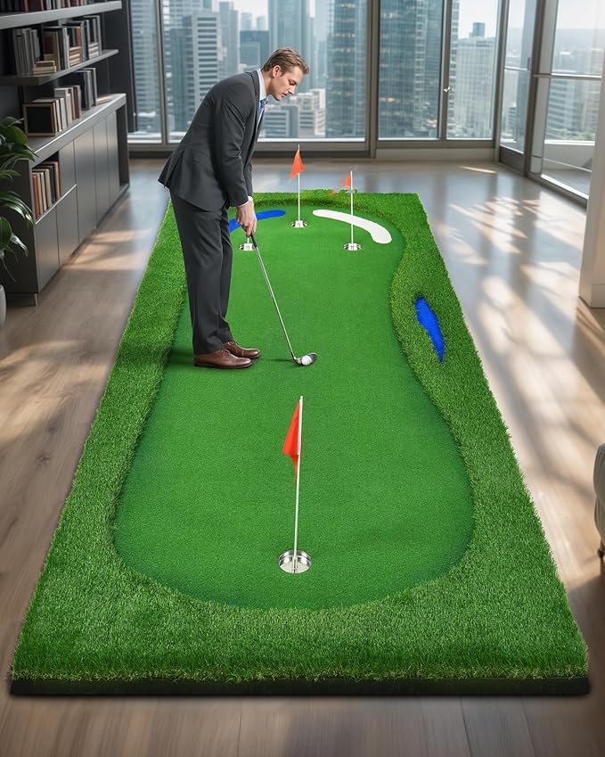 Golf Putting Green, Professional Grade Large Golfing Putting Mats with Sand Pit and Water Hazard for Indoor Outdoor
