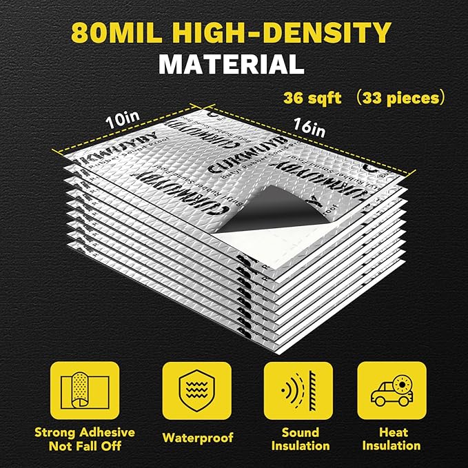 Sound Deading Material for Cars, 80mil (2mm) 36 sqft (3.4 sqm) Car Sound Deadening Mat, Butyl Automotive Sound Deadener, Noise Insulation and Vibration Dampening Material (33 pcs)